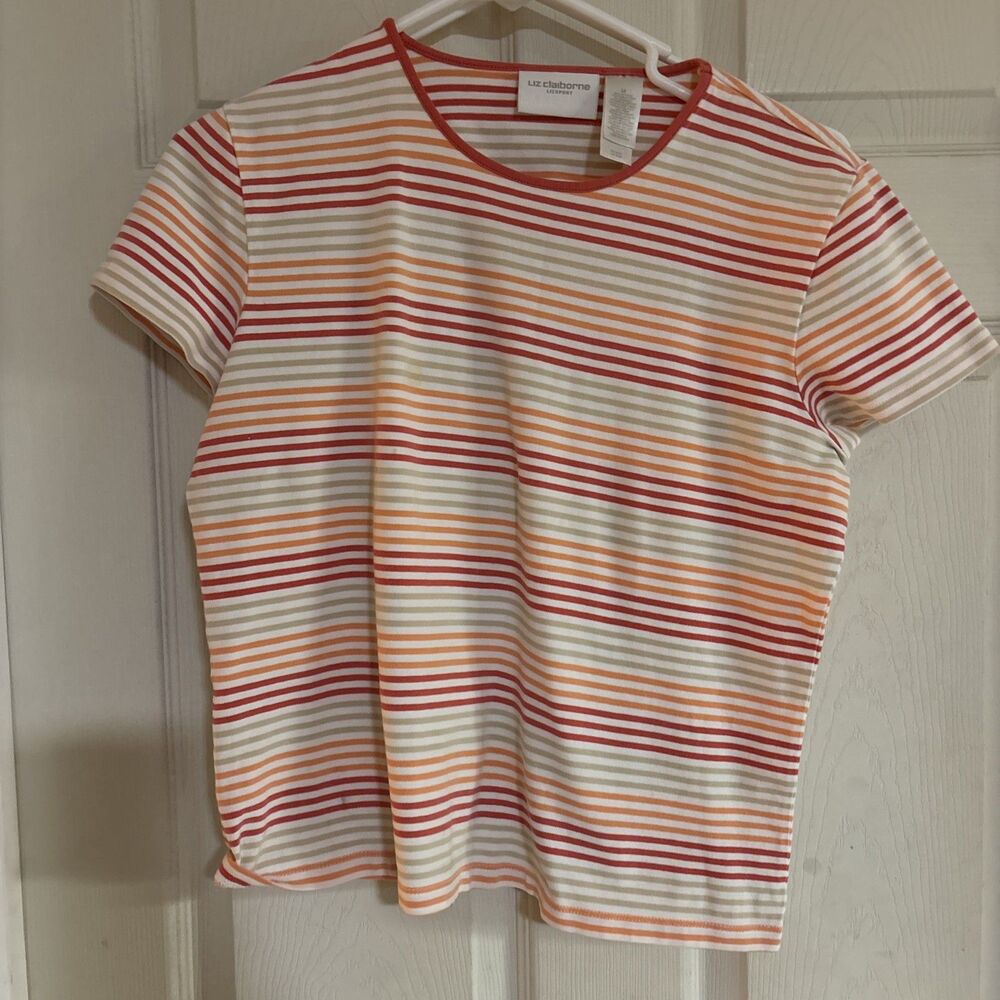 Liz Claiborne Liz Sport Multicolor Striped 100% Cotton Womens Top Size M Stretch